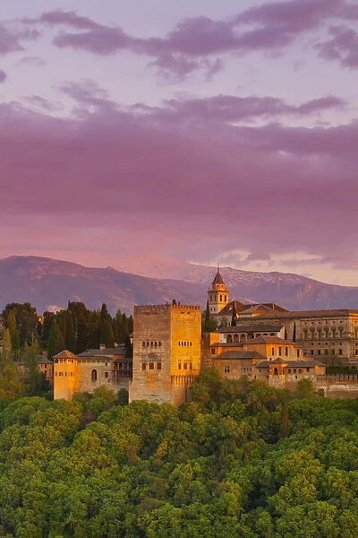 The Alhambra Palace at sunset, Granada, Granada Province, Andalucia, Spain