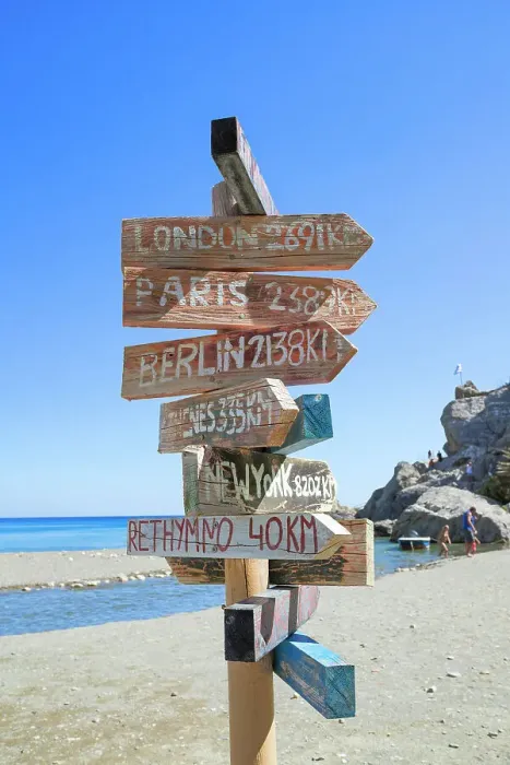 Framed Print : All directions sign post on beach, Preveli beach, Rethymno, Crete, Greek Islands, Greece Framed Print : All directions sign post on beach, Preveli beach, Rethymno, Crete, Greek Islands, Greece
