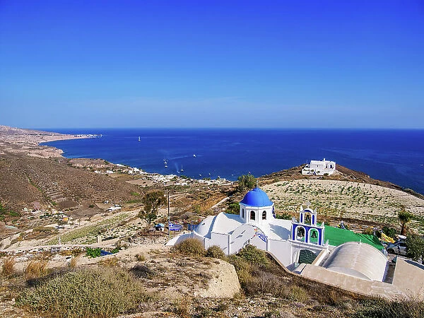 All Saints blue domed Church near Akrotiri Village, Santorini or Thira Island, Cyclades, Greece