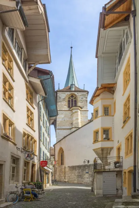 Framed Print : Alley with city church Biel, Canton Biel, Switzerland