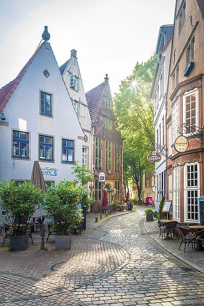 Alley in the historic Schnoor district at sunrise, Bremen, Germany