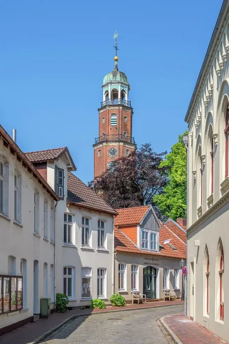 Framed Print : Alley at Leer with Great church, East Frisia, Lower Saxony, Germany Framed Print : Alley at Leer with Great church, East Frisia, Lower Saxony, Germany