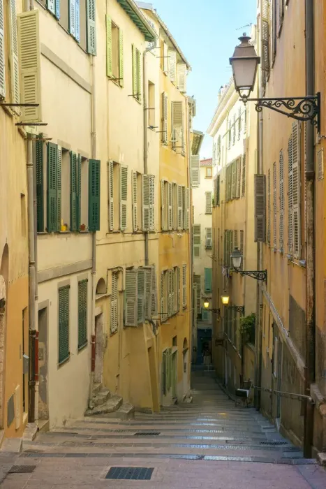 Framed Print : Alleyway with stairs between colorful buildings, Vieille Ville (Old Town), Nice