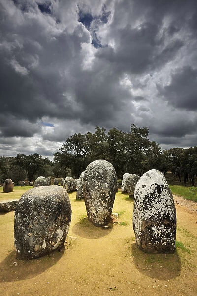 Almendres cromlech, a 8000 years old prehistoric monument. Evora, Portugal