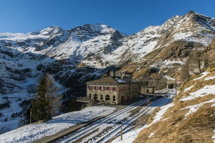 Framed Print : Alp Grum station along the famous Bernina Express mountain train route, Graubunden Framed Print : Alp Grum station along the famous Bernina Express mountain train route, Graubunden