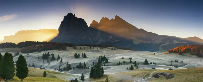 Framed Print : Alpe di Siusi in the Dolomites and the Sassolungo and Sassopiatto mountain, Trentino Alto Adige, Italy