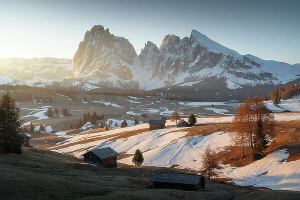 Alpe di Siusi during an early spring morning, with the snow slowly melting, Dolomites, Italy