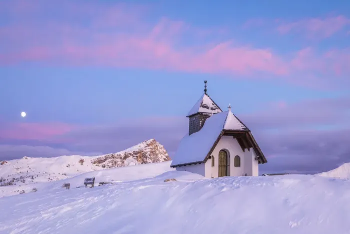 Framed Print : Alpine chapel close to Pralongia hut in wintertime, Corvara in Badia, Badia valley Framed Print : Alpine chapel close to Pralongia hut in wintertime, Corvara in Badia, Badia valley