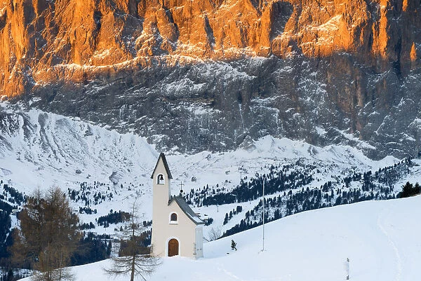 Alpine chapel at winter Europe, Italy, Trentino Alto Adige, Bolzano district, Gardena