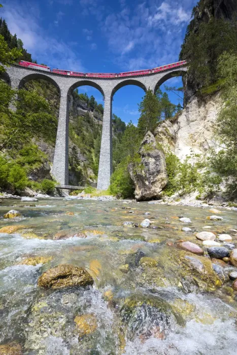Framed Print : The alpine stream frames the Bernina Express train on Landwasser Viadukt Filisur Albula Framed Print : The alpine stream frames the Bernina Express train on Landwasser Viadukt Filisur Albula