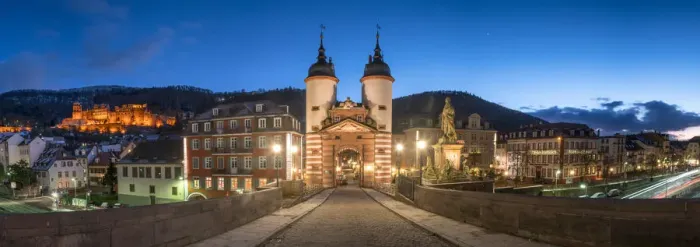 Framed Print : Alte Brucke (Old Bridge) and castle at night, Heidelberg, Baden-Wurttemberg, Germany
