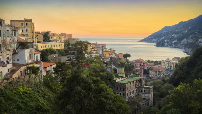 Framed Print : Amalfi Coast at dusk as seen from a terrace in Vietri sul Mare, Salerno province Framed Print : Amalfi Coast at dusk as seen from a terrace in Vietri sul Mare, Salerno province