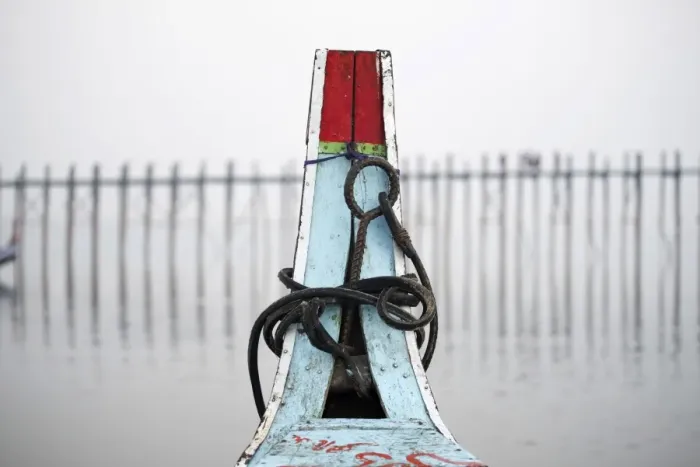 Framed Print : Amarapura, Mandalay region, Myanmar. The tip of the colorful boat with the U Bein