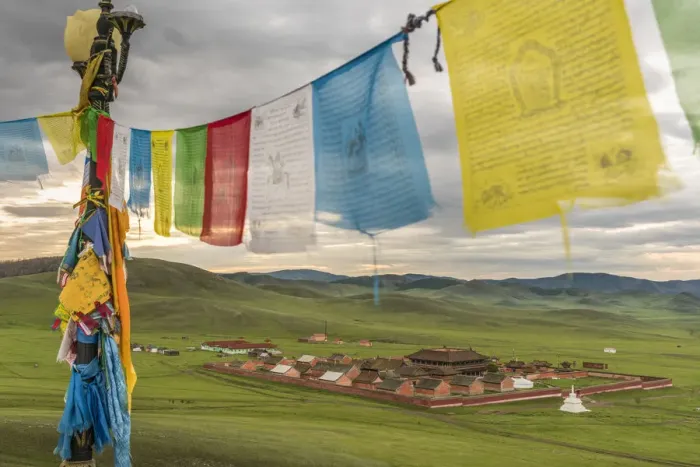 Framed Print : Amarbayasgalant Monastery from above framed by prayer flags Framed Print : Amarbayasgalant Monastery from above framed by prayer flags