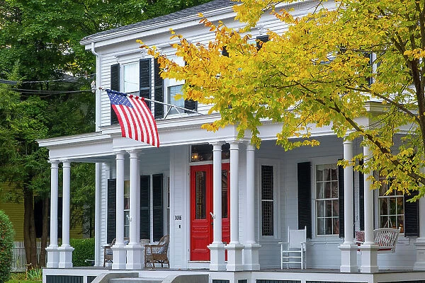 American Flag outside house in Bath, Maine, USA