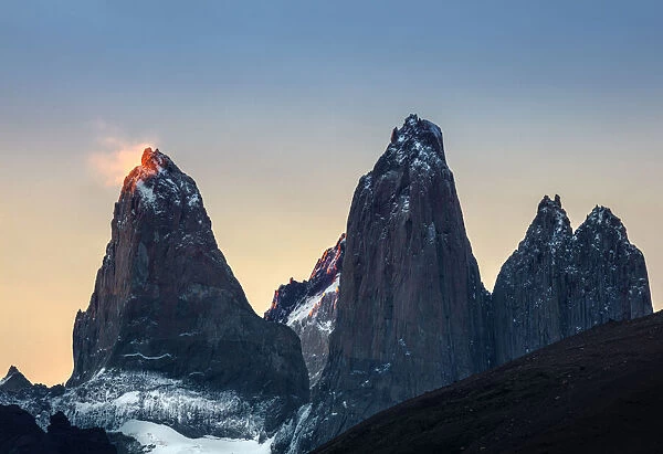Americas, South America, Chile, Patagonia, the Torres del Paine mountains at sunset in