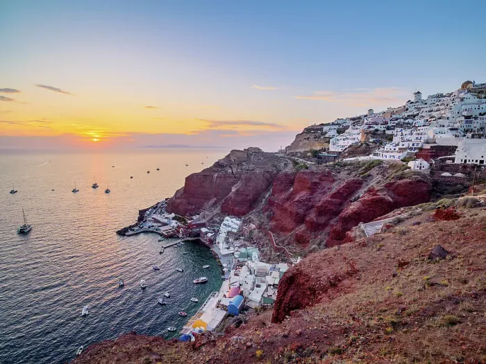 Framed Print : Ammoudi Bay and Oia Village at sunset, Santorini or Thira Island, Cyclades, Greece Framed Print : Ammoudi Bay and Oia Village at sunset, Santorini or Thira Island, Cyclades, Greece