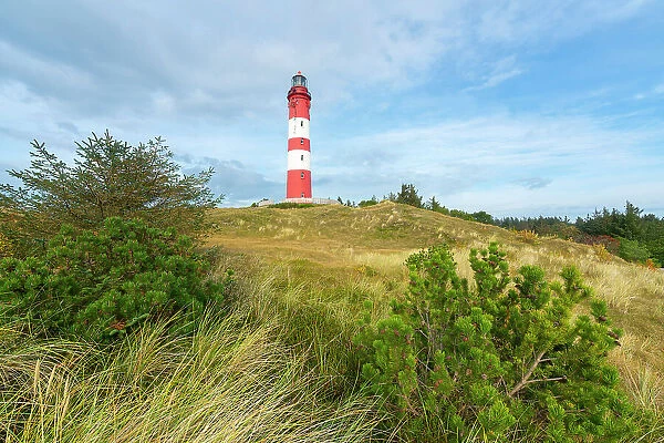 Amrum lighthouse against sky, Nebel, Amrum island, Nordfriesland, Schleswig-Holstein, Germany