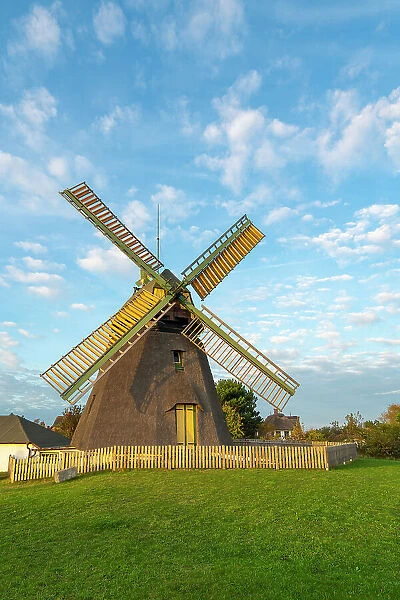 Amrum mill against sky, Nebel, Amrum island, Nordfriesland, Schleswig-Holstein, Germany