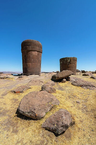 Ancient burial ground Sillustani featuring cylindrical funerary towers, Puno, Atuncolla District, Puno Province, Puno Region, Peru
