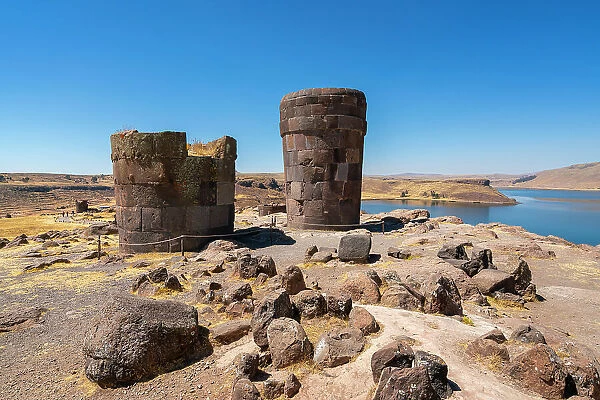 Ancient burial ground Sillustani featuring cylindrical funerary towers and Laguna Umayo, Puno, Atuncolla District, Puno Province, Puno Region, Peru