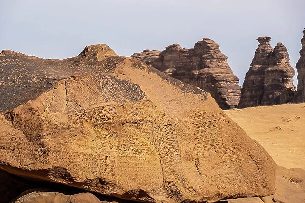 Ancient inscriptions carved into the rocks, Jabal Ikmah, Al-Ula, Medina Province, Saudi Arabia