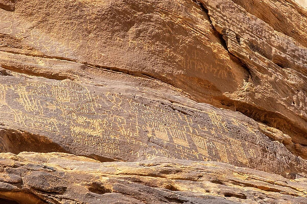 Ancient inscriptions carved into the rocks, Jabal Ikmah, Al-Ula, Medina Province, Saudi Arabia