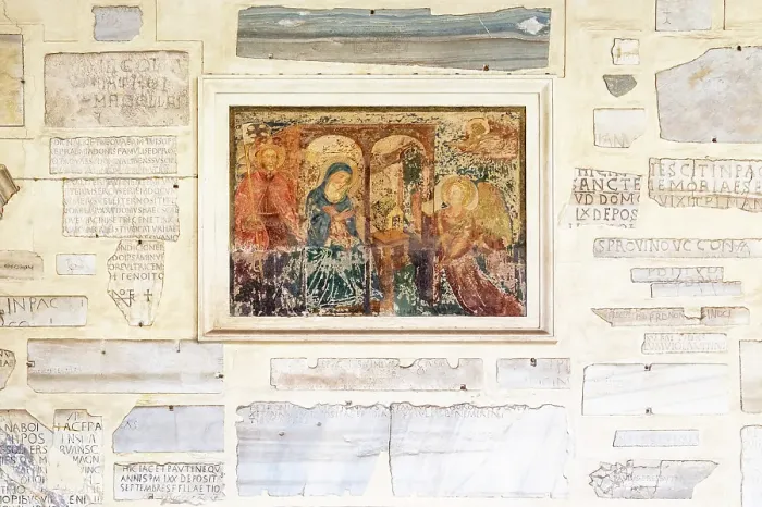 Framed Print : The ancient inscriptions of gravestones in Greek and Latin on the Basilica of Santa Maria in Trastevere (Basilica di Santa Maria in Trastevere) wall, one of the oldest churches of Rome, Italy Framed Print : The ancient inscriptions of gravestones in Greek and Latin on the Basilica of Santa Maria in Trastevere (Basilica di Santa Maria in Trastevere) wall, one of the oldest churches of Rome, Italy