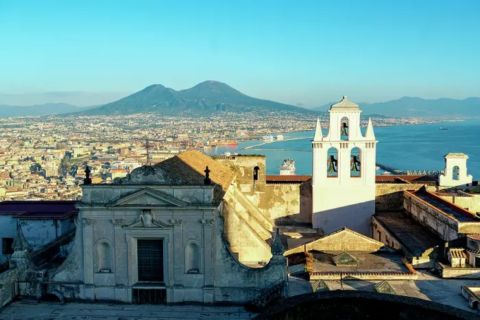 Framed Print : Ancient monastery and Gulf of Naples with Vesuvius seen from Sant'Elmo castle, Vomero hill, Naples, Campania, Italy Framed Print : Ancient monastery and Gulf of Naples with Vesuvius seen from Sant'Elmo castle, Vomero hill, Naples, Campania, Italy