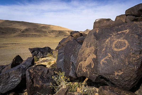 Ancient petroglyphs carving on rocks, Khavstsgait, Gobi Desert, Omnogovi, Mongolia