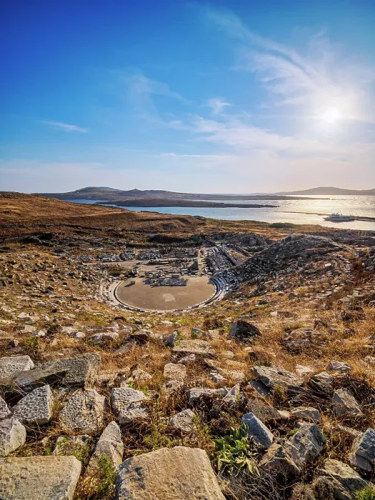 Framed Print : Ancient Theatre, elevated view, Delos Archaeological Site, Delos Island, Cyclades, Greece Framed Print : Ancient Theatre, elevated view, Delos Archaeological Site, Delos Island, Cyclades, Greece