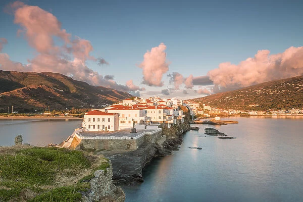 Andros village at sunrise viewed from an old ruined castle, Andros, Cyclades Archipelago