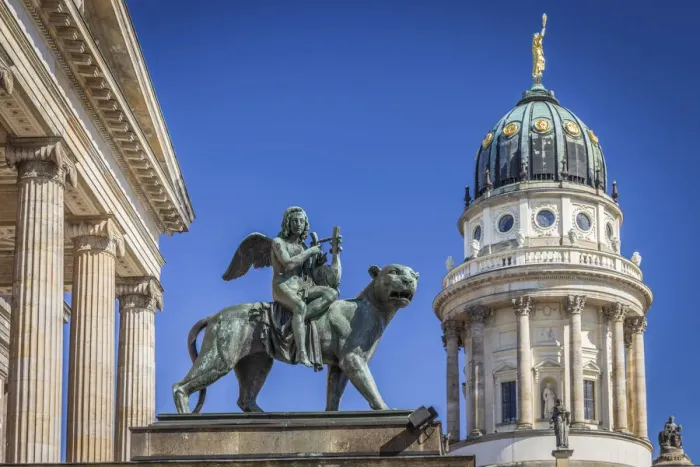 Framed Print : Angel statue on lion at Berlin Concert Hall and French Cathedral, Gendarmenmarkt, Berlin Framed Print : Angel statue on lion at Berlin Concert Hall and French Cathedral, Gendarmenmarkt, Berlin