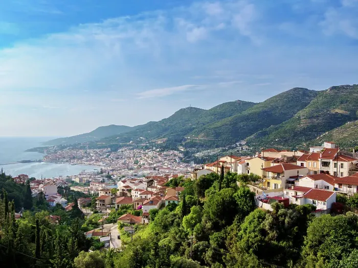 Framed Print : Ano Vathy and Samos Town, elevated view, Samos Island, North Aegean, Greece Framed Print : Ano Vathy and Samos Town, elevated view, Samos Island, North Aegean, Greece