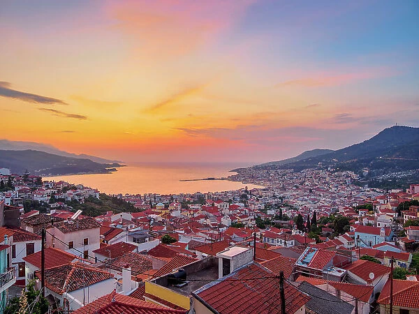 Ano Vathy and Samos Town at sunset, elevated view, Samos Island, North Aegean, Greece