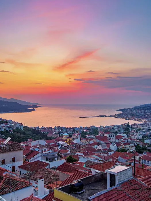 Framed Print : Ano Vathy and Samos Town at sunset, elevated view, Samos Island, North Aegean, Greece Framed Print : Ano Vathy and Samos Town at sunset, elevated view, Samos Island, North Aegean, Greece
