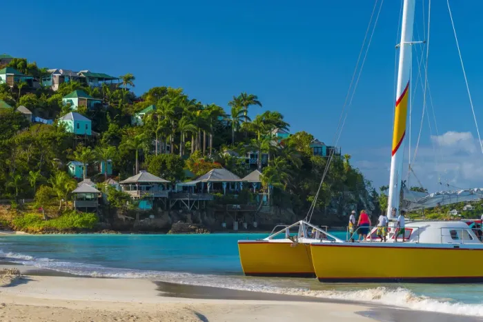 Framed Print : Antigua, Jolly Bay Beach, Catamaran Framed Print : Antigua, Jolly Bay Beach, Catamaran
