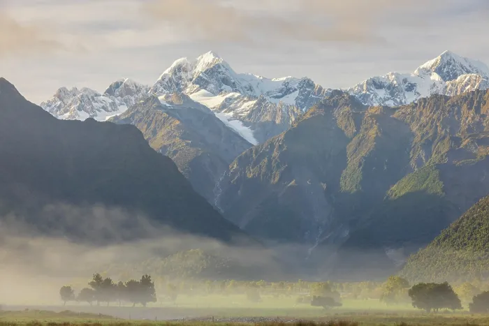 Framed Print : Aoraki (Mount Cook) and Mount Tasman at dawn on a misty morning, Fox Glacier, West Coast, South Island, New Zealand. Autumn (May) 2025 Framed Print : Aoraki (Mount Cook) and Mount Tasman at dawn on a misty morning, Fox Glacier, West Coast, South Island, New Zealand. Autumn (May) 2025
