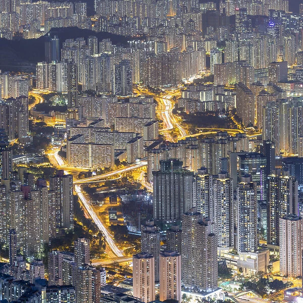 Apartment blocks at night, Kowloon, Hong Kong