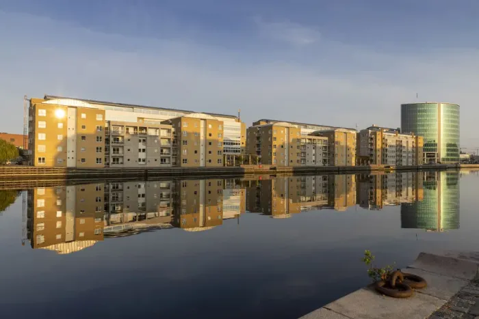 Framed Print : Apartments in Langelinie reflected in the Baltic sea, Copenhagen, Zealand, Denmark