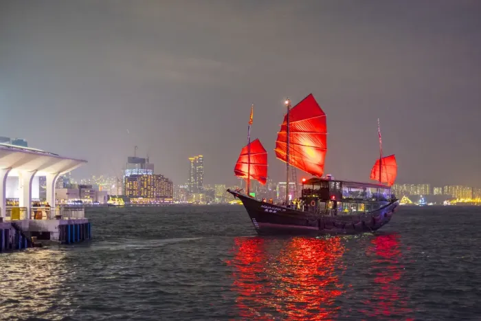 Framed Print : Aqua Luna taditional Chinese Junk at Central Piers, Central District, Hong Kong Island