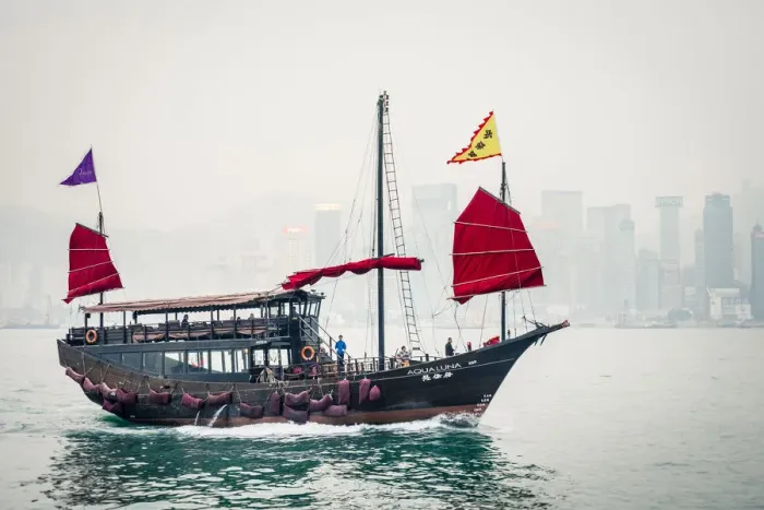 Framed Print : Aqua Luna traditional Junk ship sailing in Victoria Harbor, Tsim Sha Tsui, Kowloon