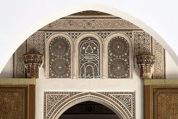Arabic inscriptions and decorations on apse inside the ancient Bahia Palace, Marrakech, Morocco