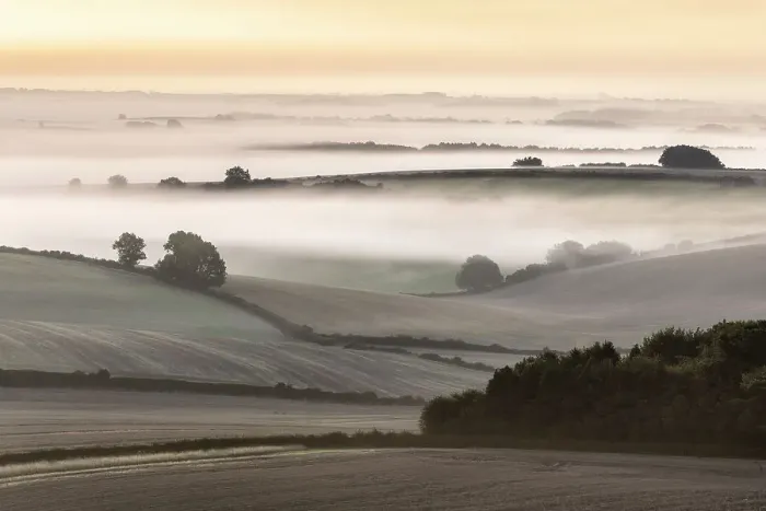 Framed Print : Arable fields near Dorchester on a misty late summer morning, Well Bottom Down, Dorset, England, UK Framed Print : Arable fields near Dorchester on a misty late summer morning, Well Bottom Down, Dorset, England, UK