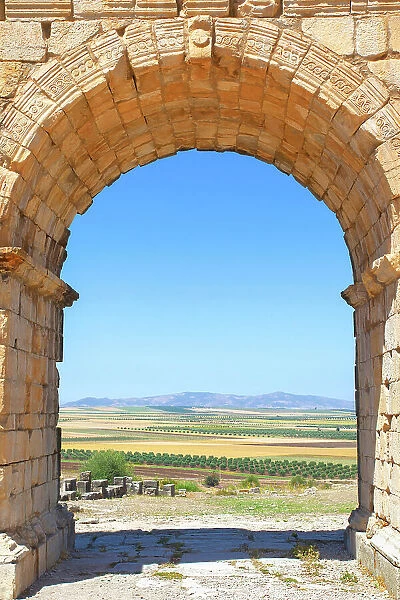 A detail of the 'Arch of Caracalla' (Triumphal Arch) in the ancient Roman ruins of Volubilis, near Meknes, Morocco