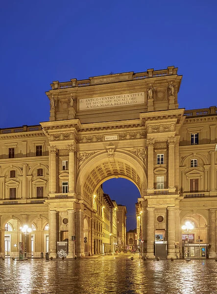 Arch over Via degli Strozzi at dawn, Piazza della Repubblica, Florence, Tuscany, Italy