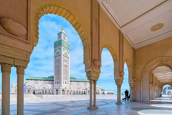 Arch frame and colonnade of the islamic Minaret of the Hassan II Mosque, Casablanca, Morocco