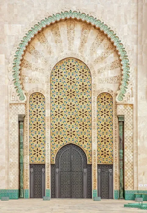 Framed Print : Arches and doors on the exterior of the Mosque of Hassan II, Casablanca, Northern Morocco