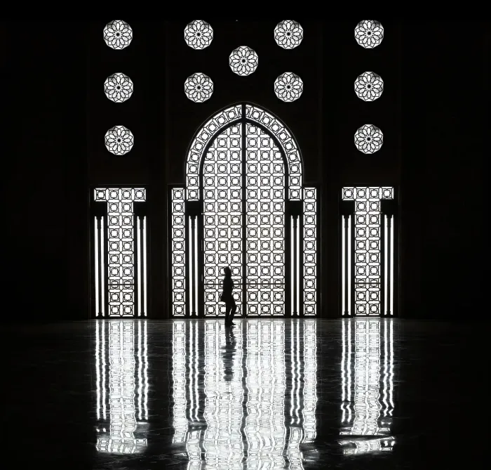 Framed Print : Arches and windows with reflections in the floor, Mosque of Hassan II, Casablanca, Northern Morocco