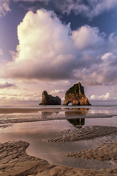 Archway Islands Reflecting in Wharariki Beach, South Island, New Zealand